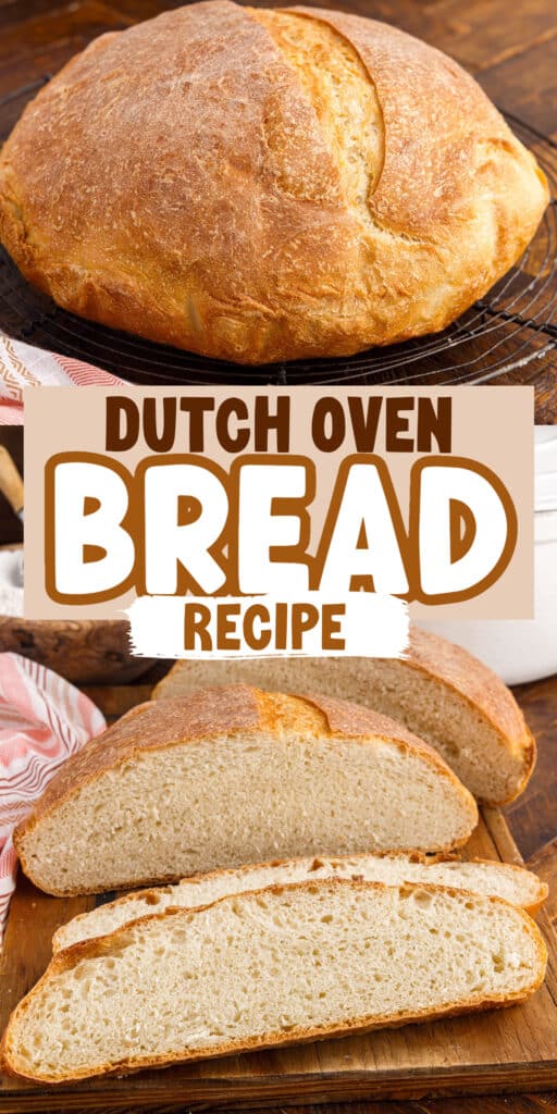 Slices off a loaf of Dutch Oven Bread on a wooden cutting board, with other ingredients in the background.