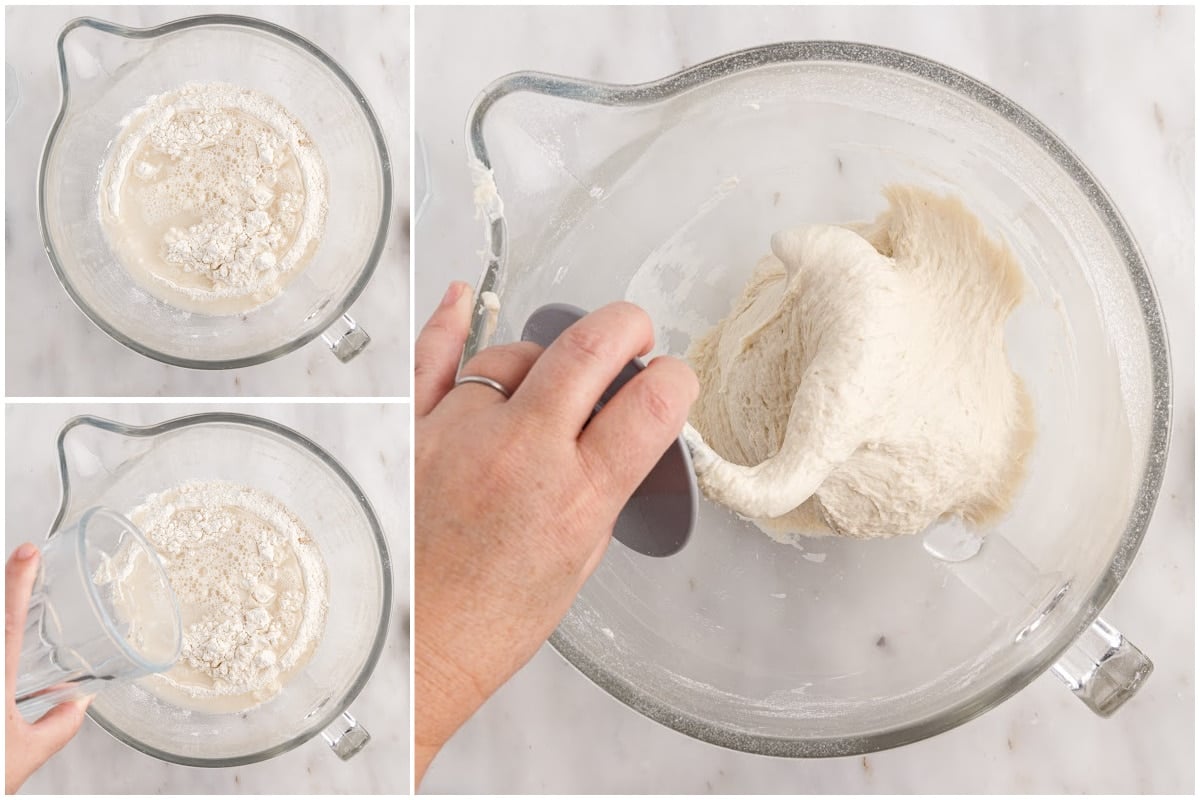 Pouring in warm water into the yeast mixture and mixing until dough forms.