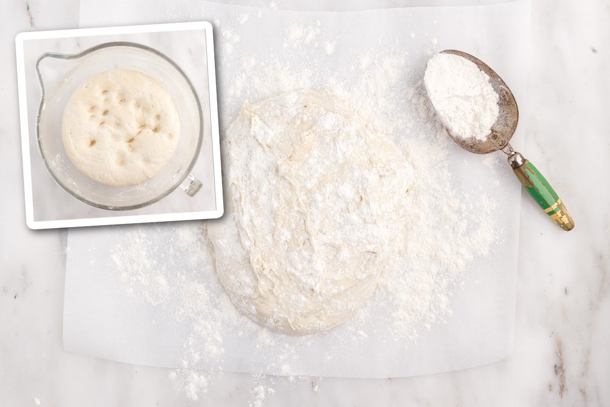 Floured the dough ball on the counter with a spoon of flour on the counter next to it.