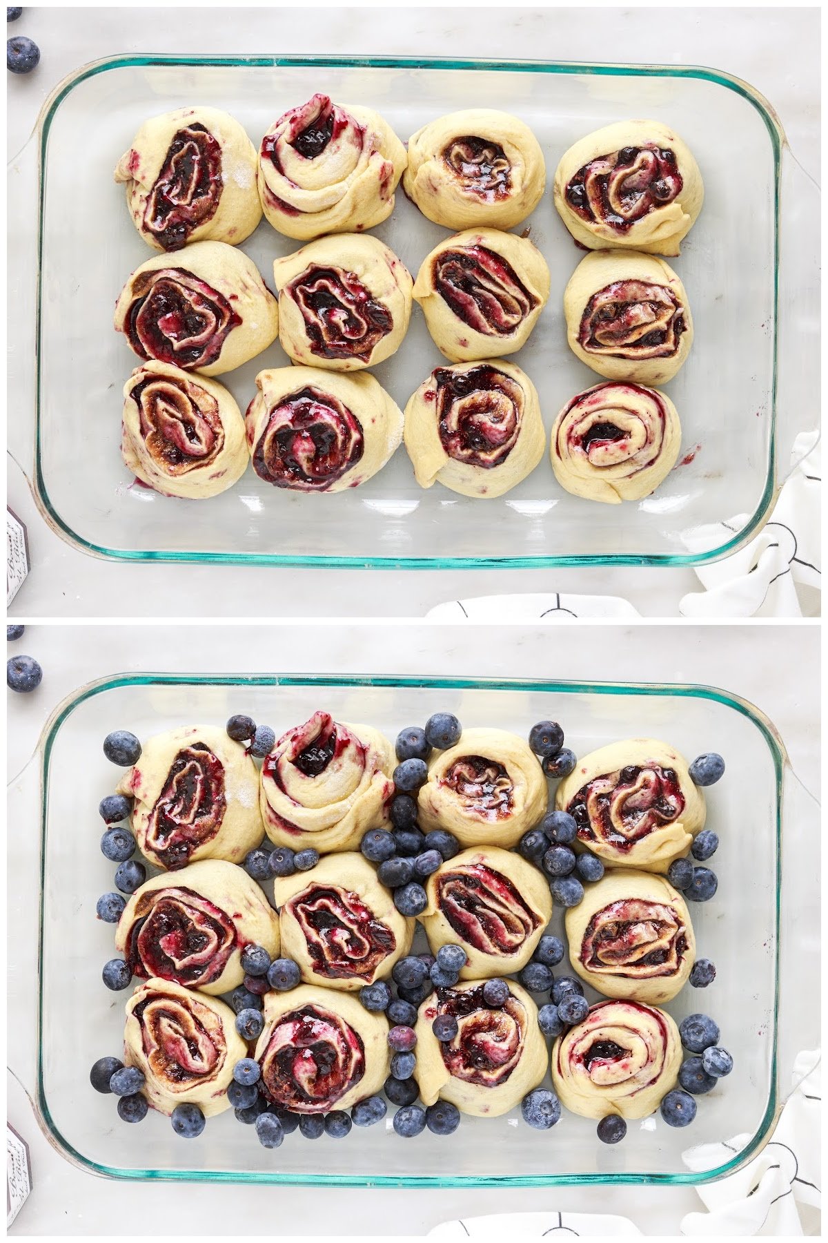 Place the rolls into the baking dish with fresh blueberries surrounding the rolls.