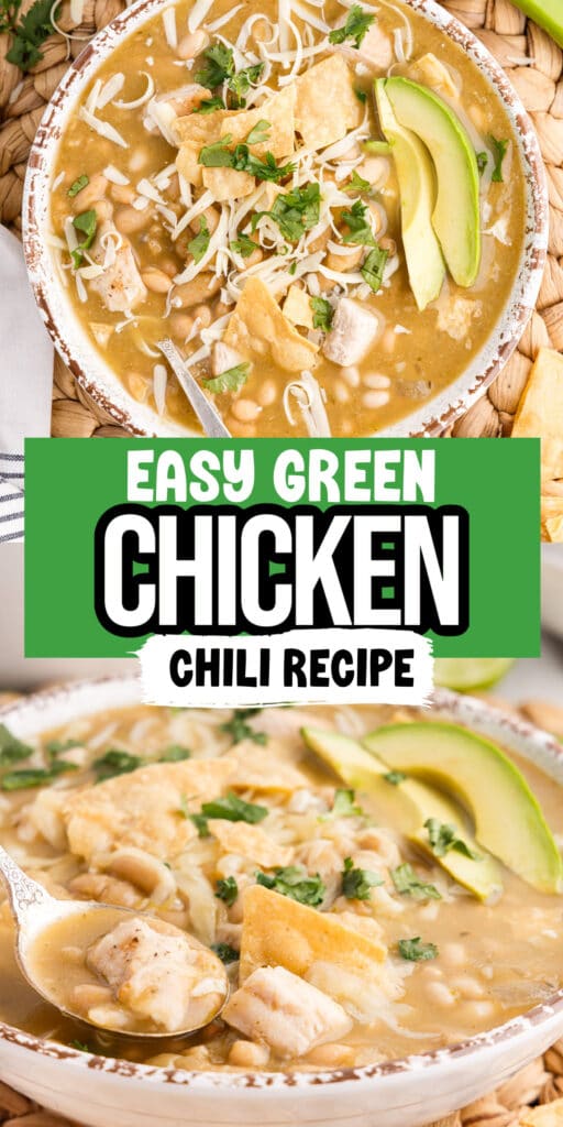 Two photos of green chicken chili in a bowl, topped with chips, avocado, and cilantro.