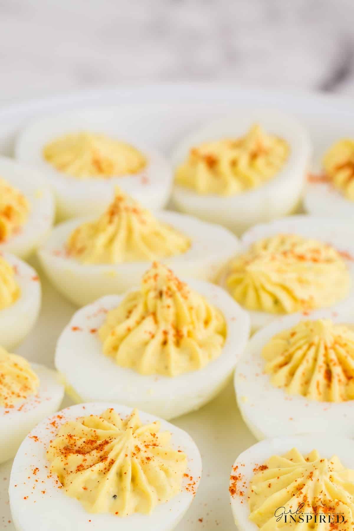 Close up of Hard-Boiled Eggs in the Oven made into Deviled Eggs, on the counter.