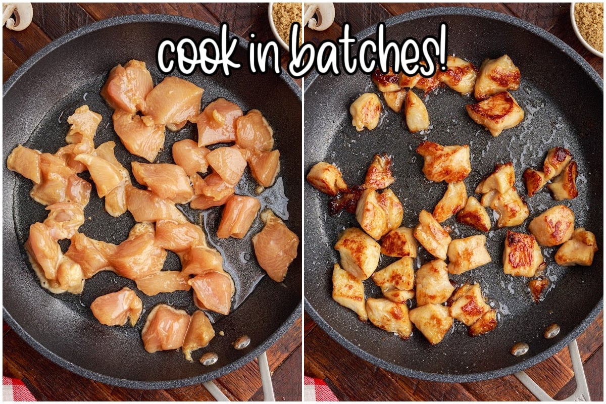 Cooking the chicken in a skillet until golden brown and fully cooked.