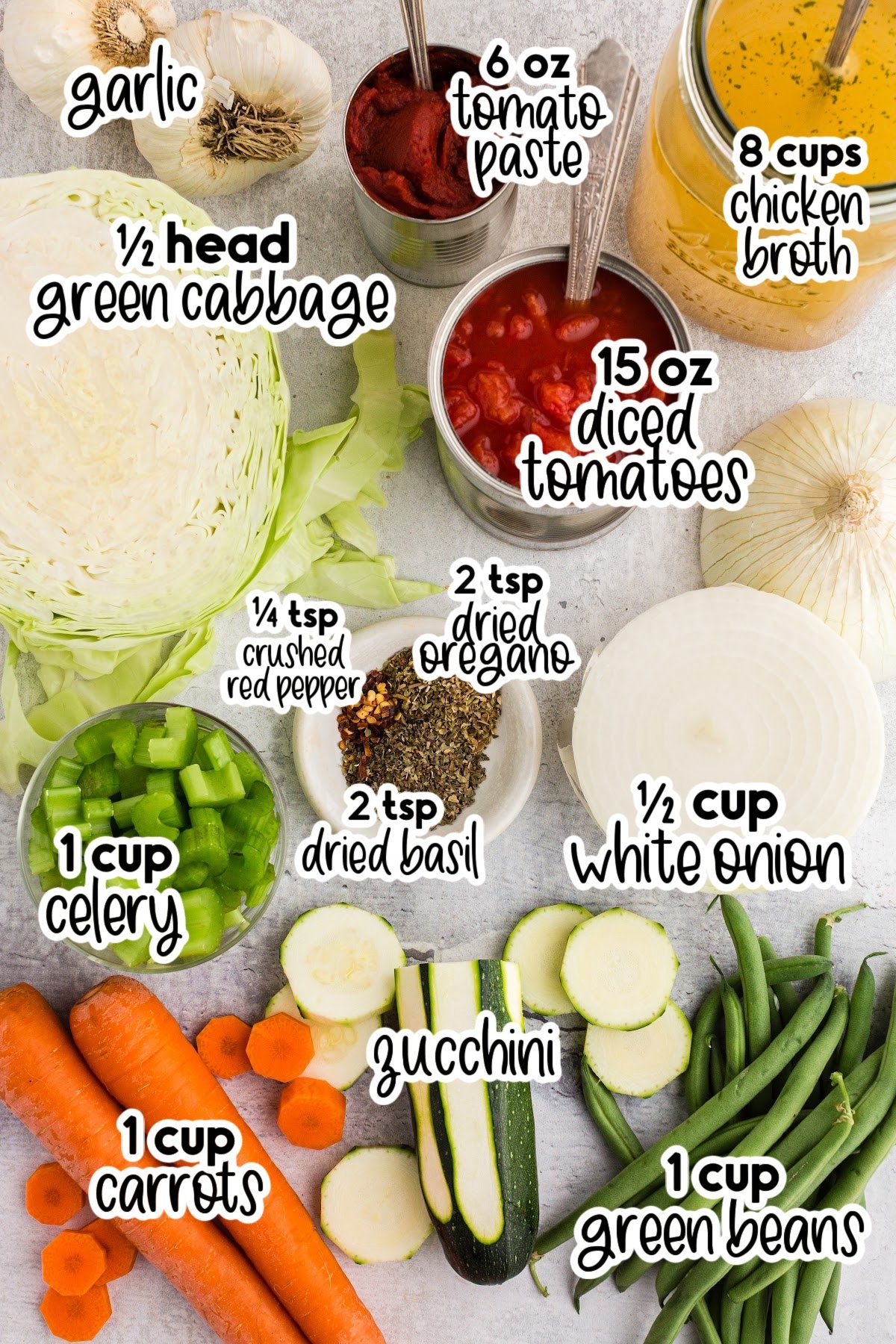 All ingredients to make this soup on the counter in various sized bowls or just laying straight on the counter, with text overlays.
