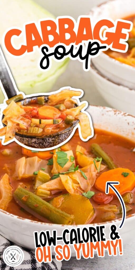 Large ladle of Diet Cabbage soup resting above the pot of soup, showing the ingredients in the photo.