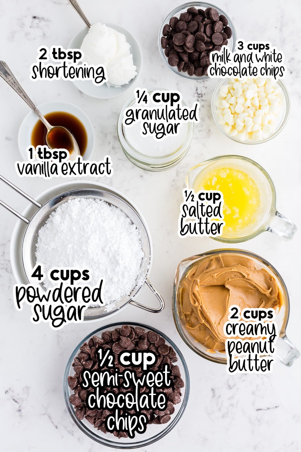 Ingredients to make these peanut butter chocolate eggs and bunnies on the counter in various sized bowls, with text overlay.