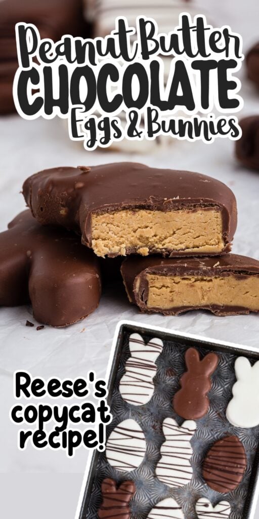 Side view of Peanut Butter and Chocolate Eggs and Bunnies parchment paper on the counter, cut in half showing the inside peanut butter, with other chocolate covered eggs in the background.