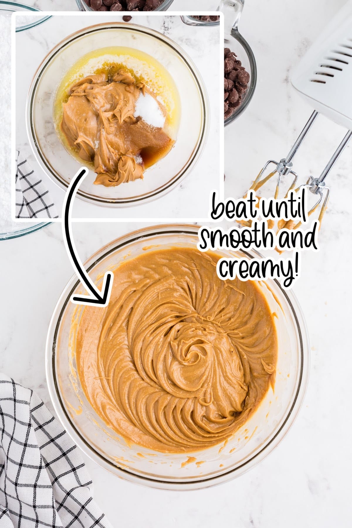 Mixing the peanut butter filling ingredients together in a bowl until smooth.