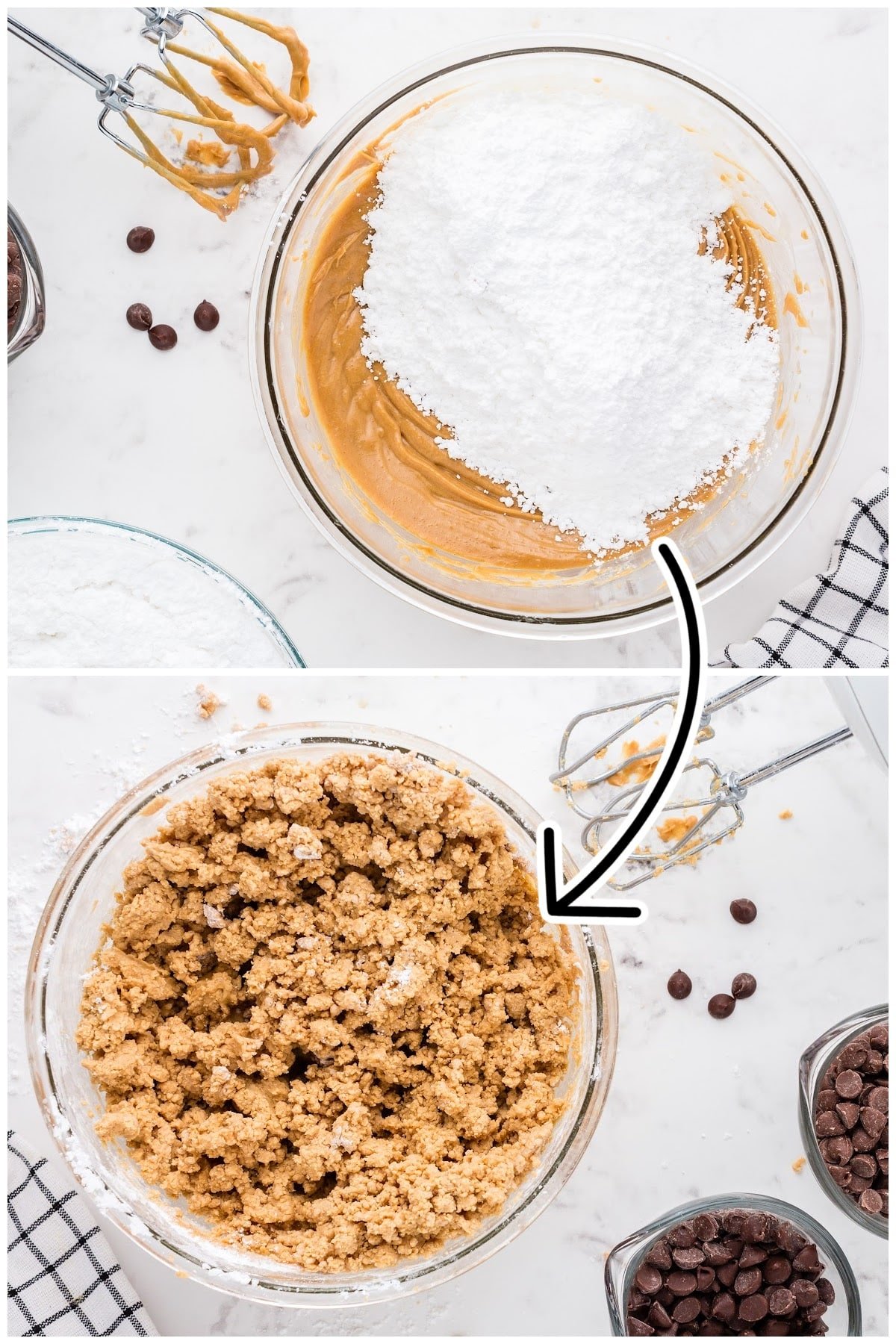 Adding in the powdered sugar into the peanut butter mixture until blended but crumbly.