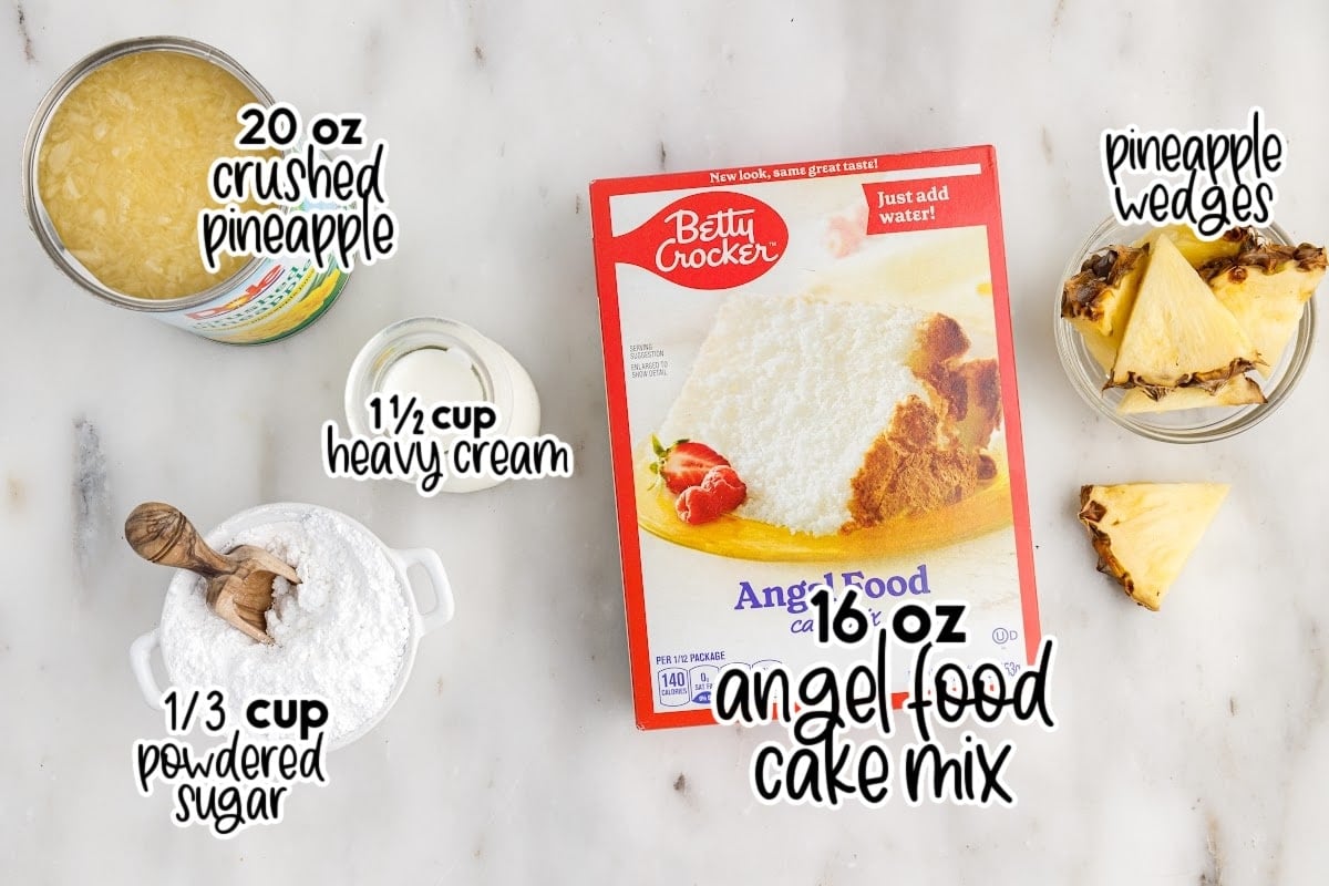 Ingredients to make this cake on the counter in various sized bowls and a box of cake, with text overlays.