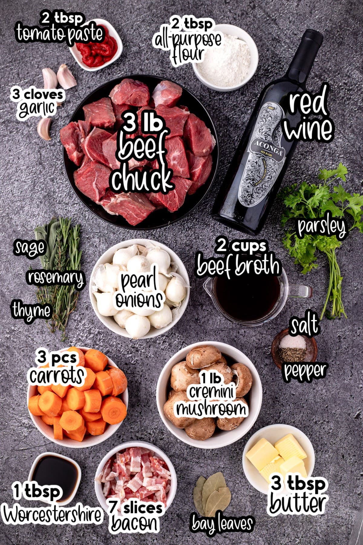 Individual ingredients for beef bourguignon with text labels.