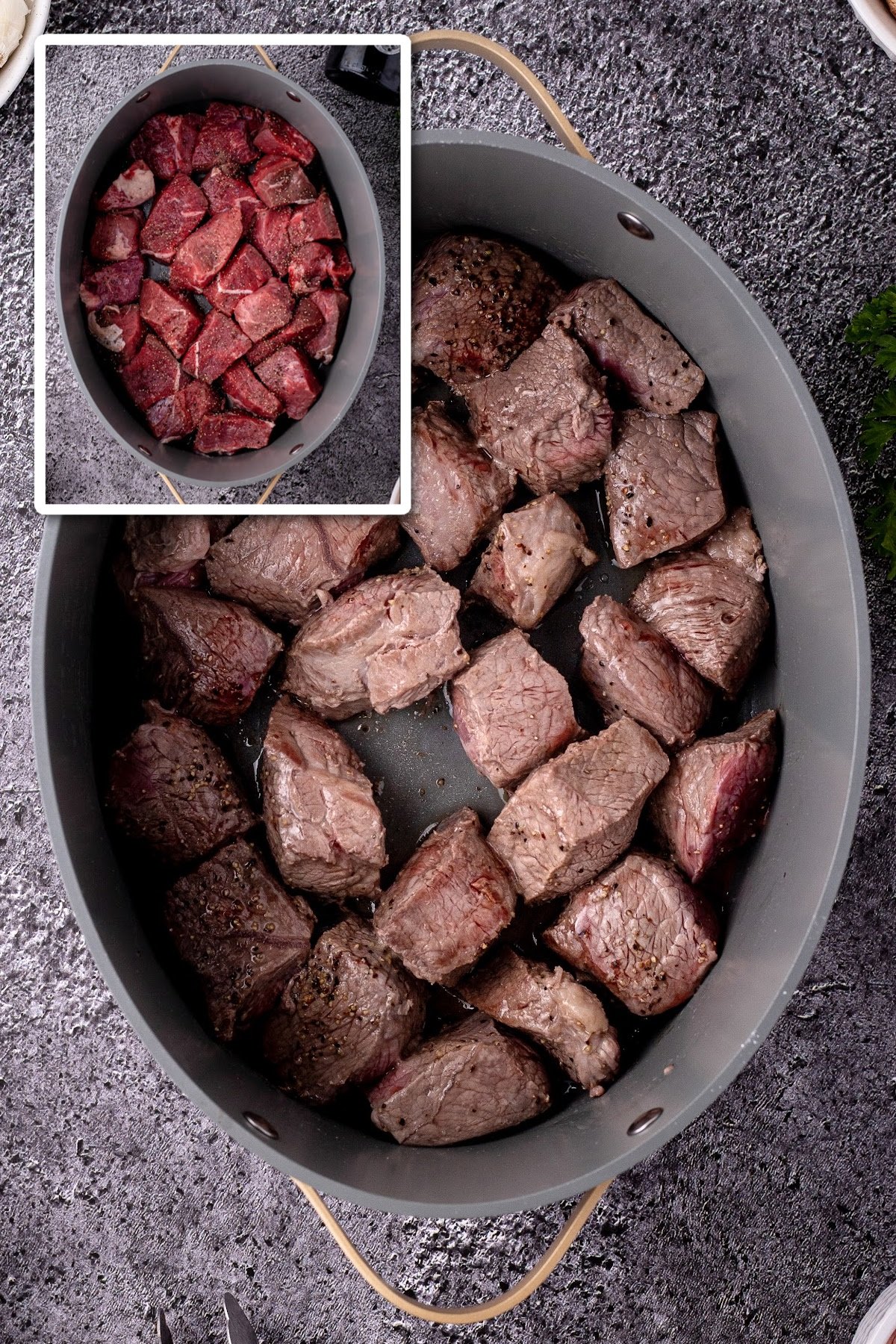 Collage of chuck roast pieces before and after browning in large stock pot.