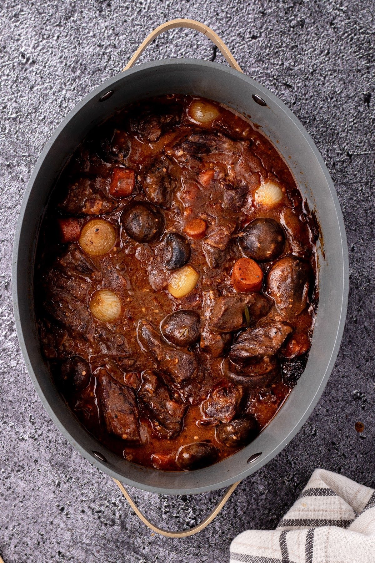 Finished beef bourguignon in stockpot.