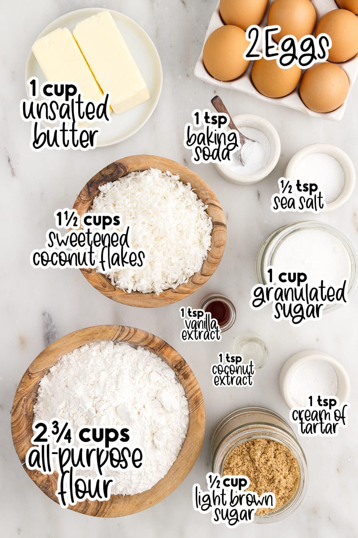 All ingredients to make these cookies on the counter in various sized bowls all with text overlays.