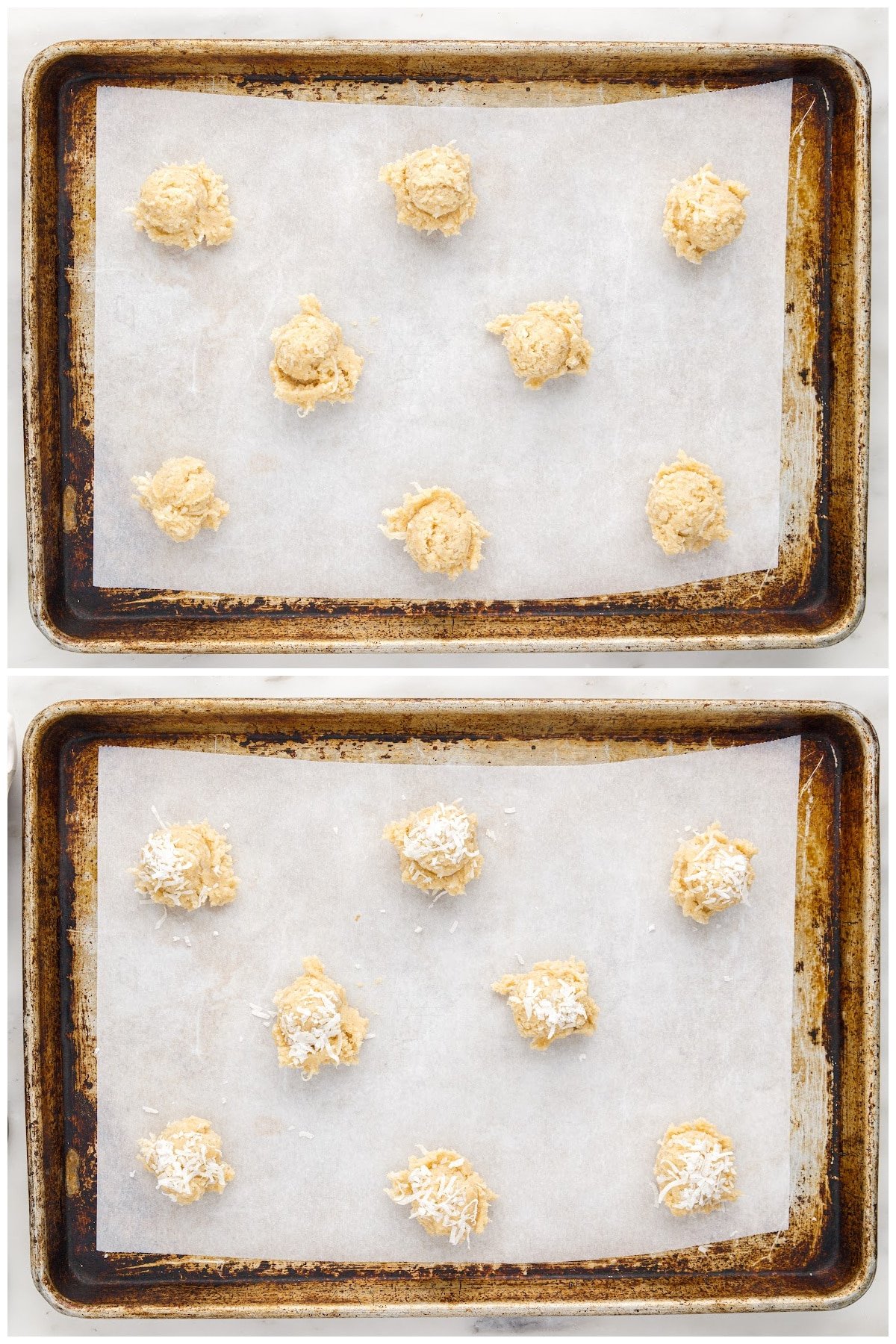 Placing the rolled cookie dough balls onto the baking sheet, lined with parchment paper.