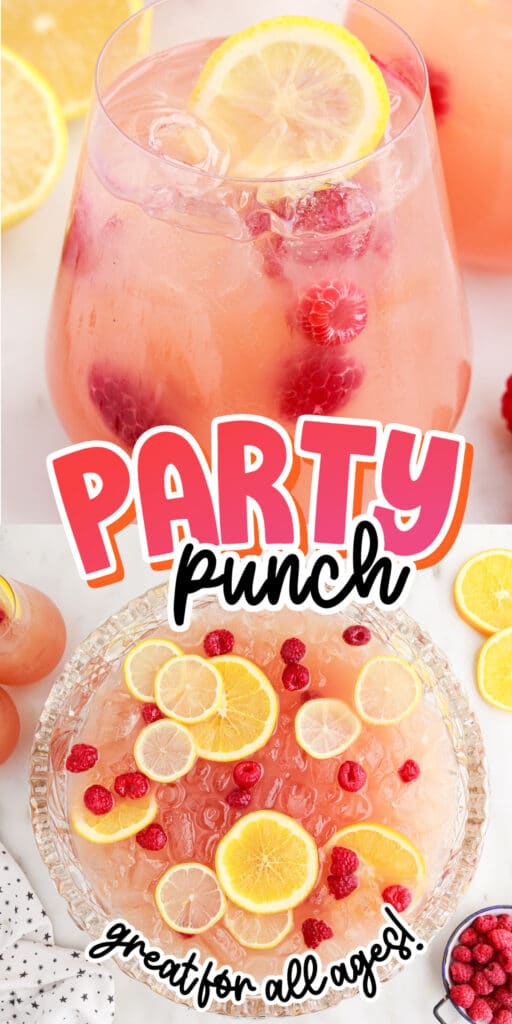 Top view of Party Punch Recipe showing the sliced lemons and berries inside the punch with other ingredients in the background.