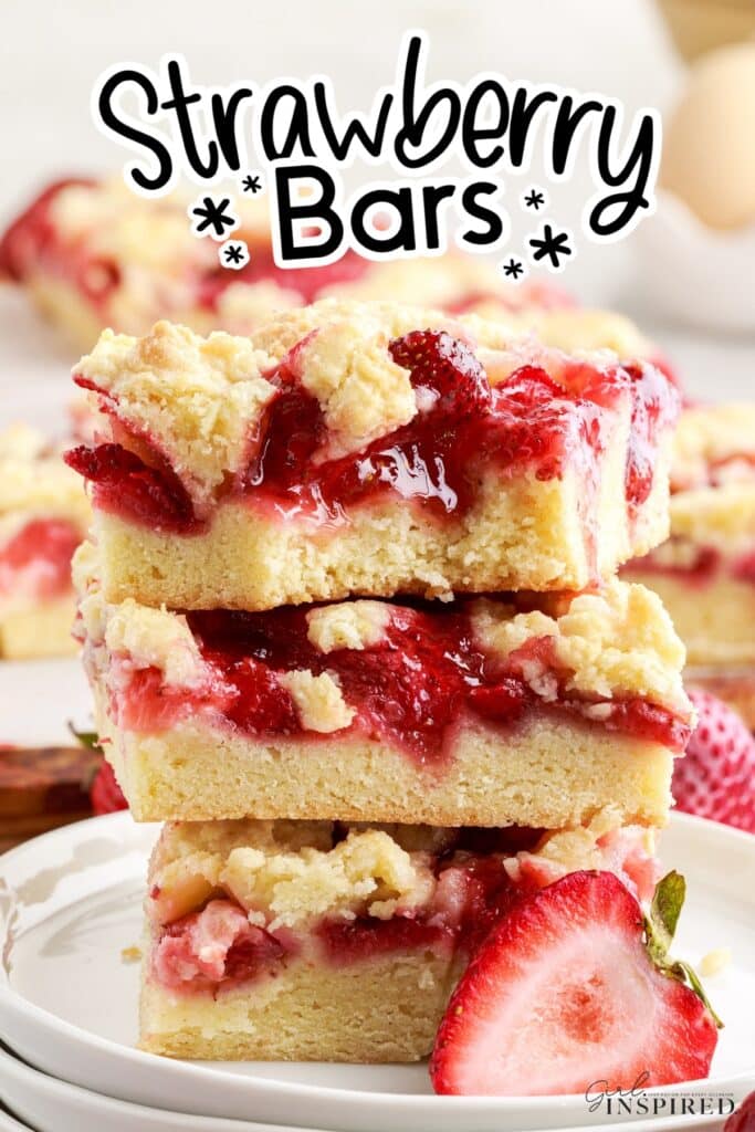 Stack of Strawberry Bars on a plate, showing the shortbread and strawberry layers, with text overlay.