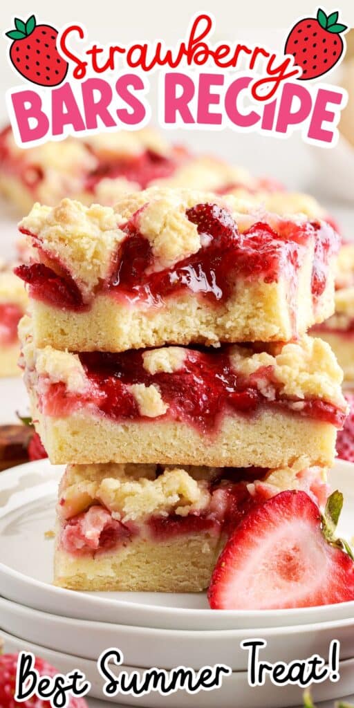 Side view of a stack of Strawberry Bars, showing the gooey strawberry mixture!
