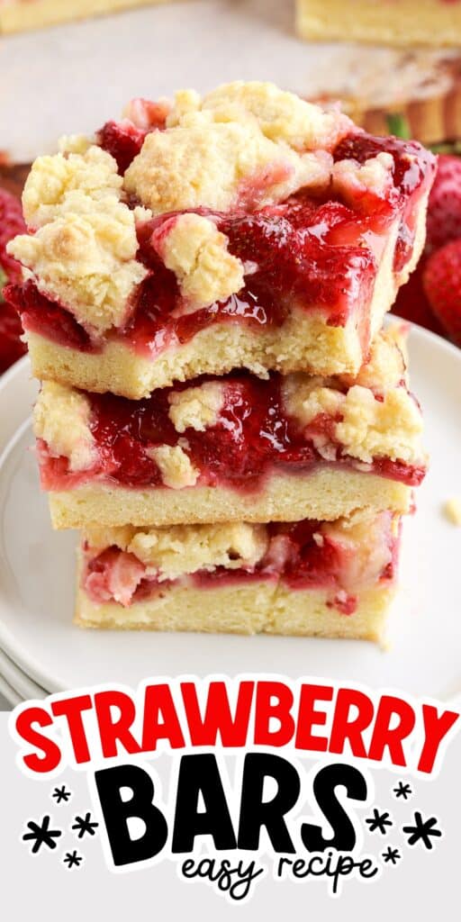Top view of a stack of Strawberry Bars, showing the gooey strawberry mixture!