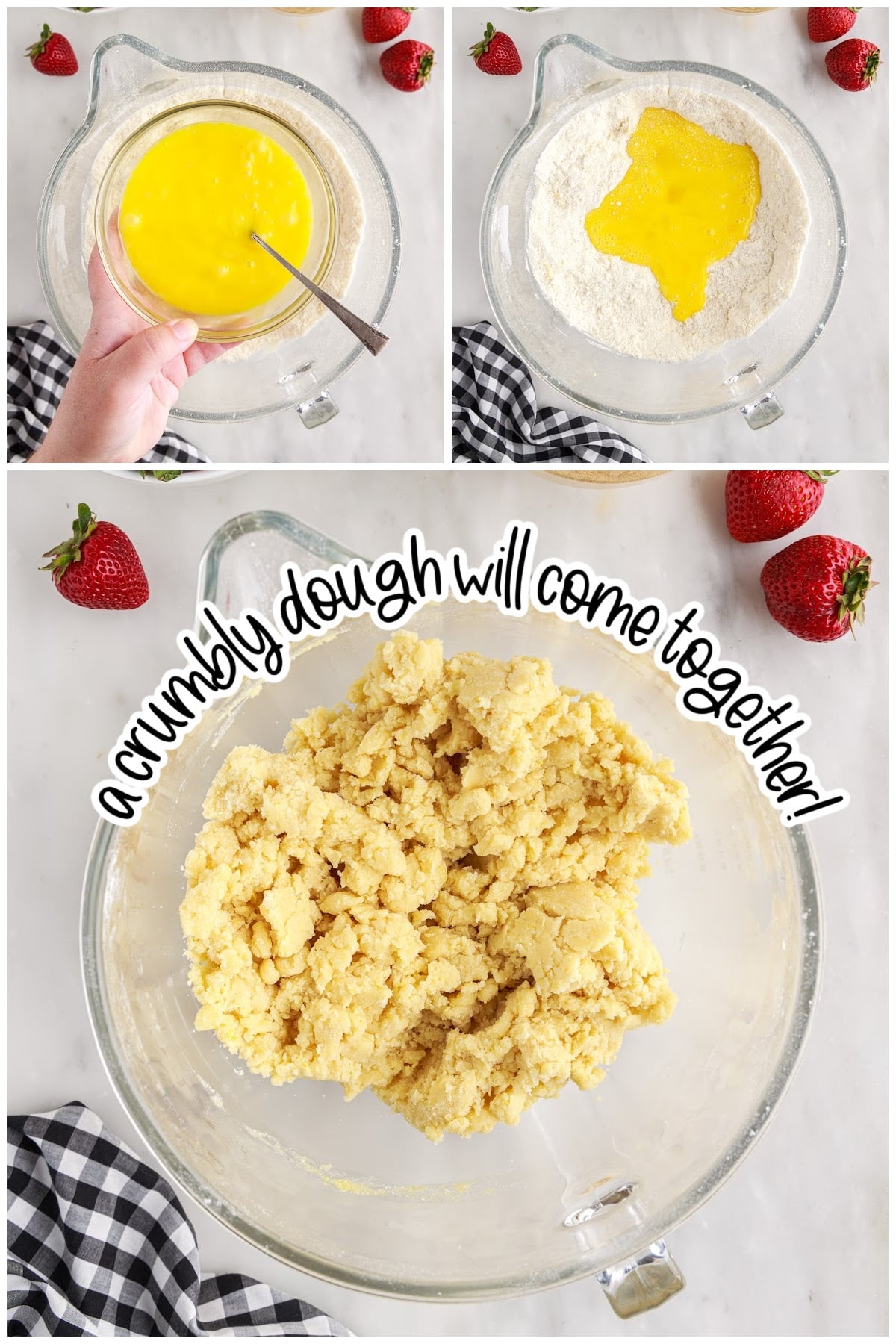 Mixing in the egg until comes to a crumble mixture.