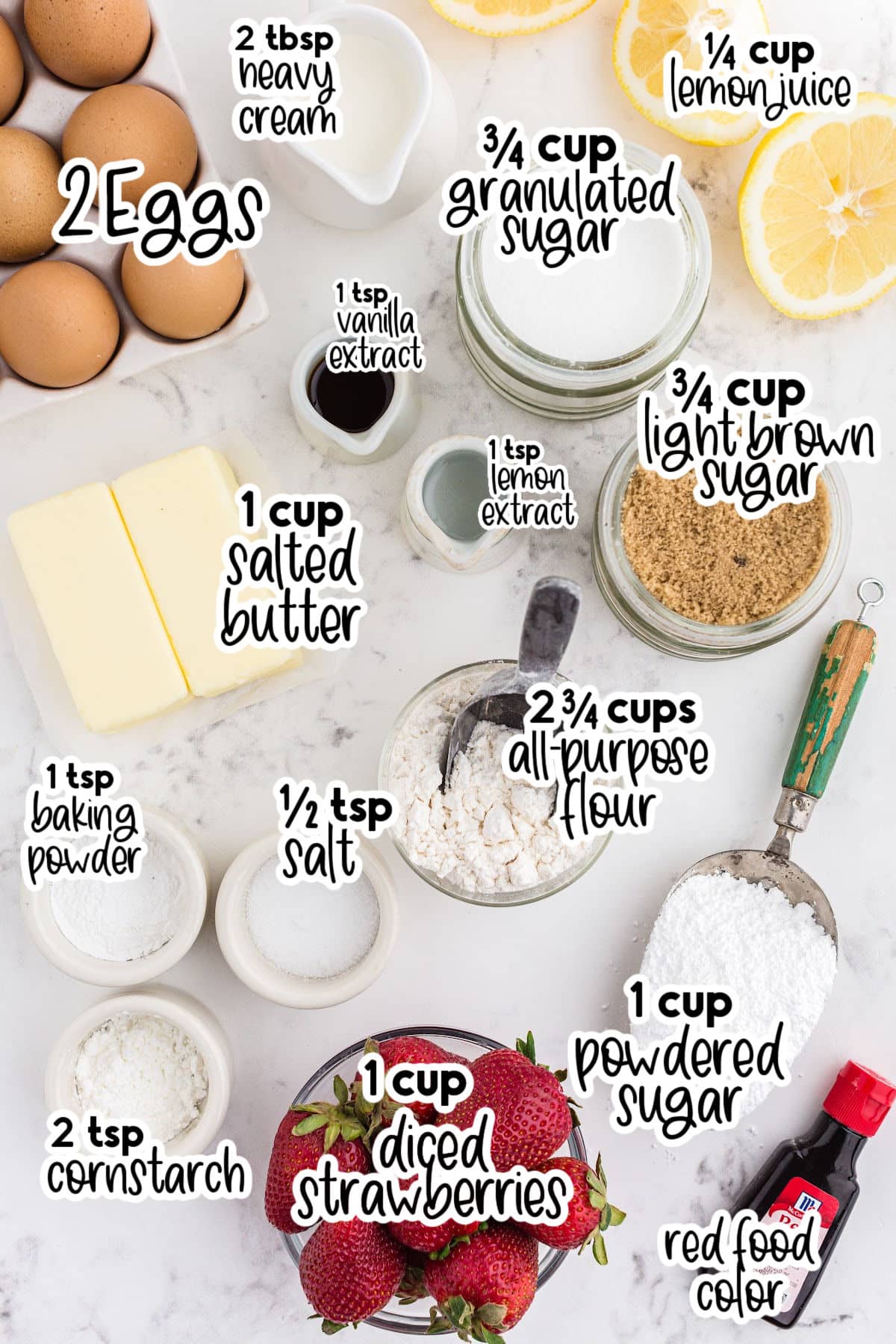 Ingredients to make these strawberry lemon blondies on the counter in various sized bowls and containers with text overlays.