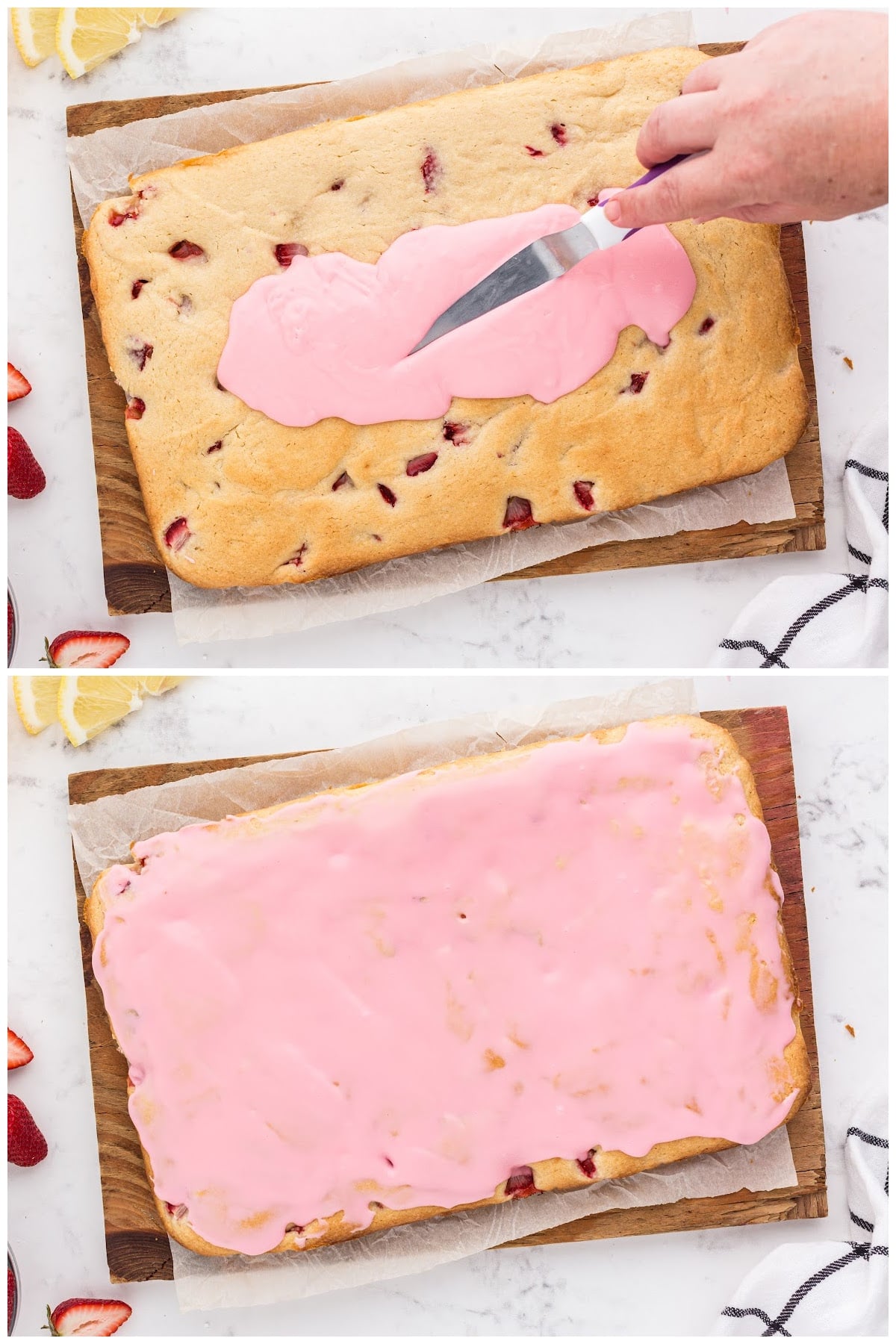 Spreading the glaze over the cooled blondies in the baking dish.