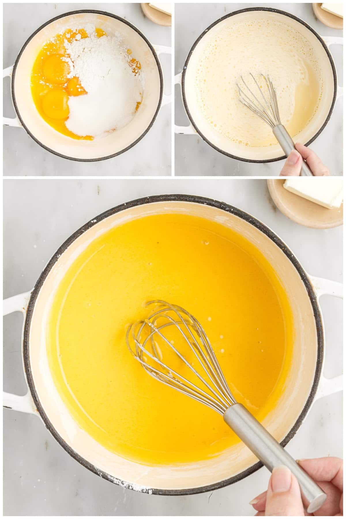 Three in-process images to make the egg mixture for the Mixed Berry Tart pastry cream.