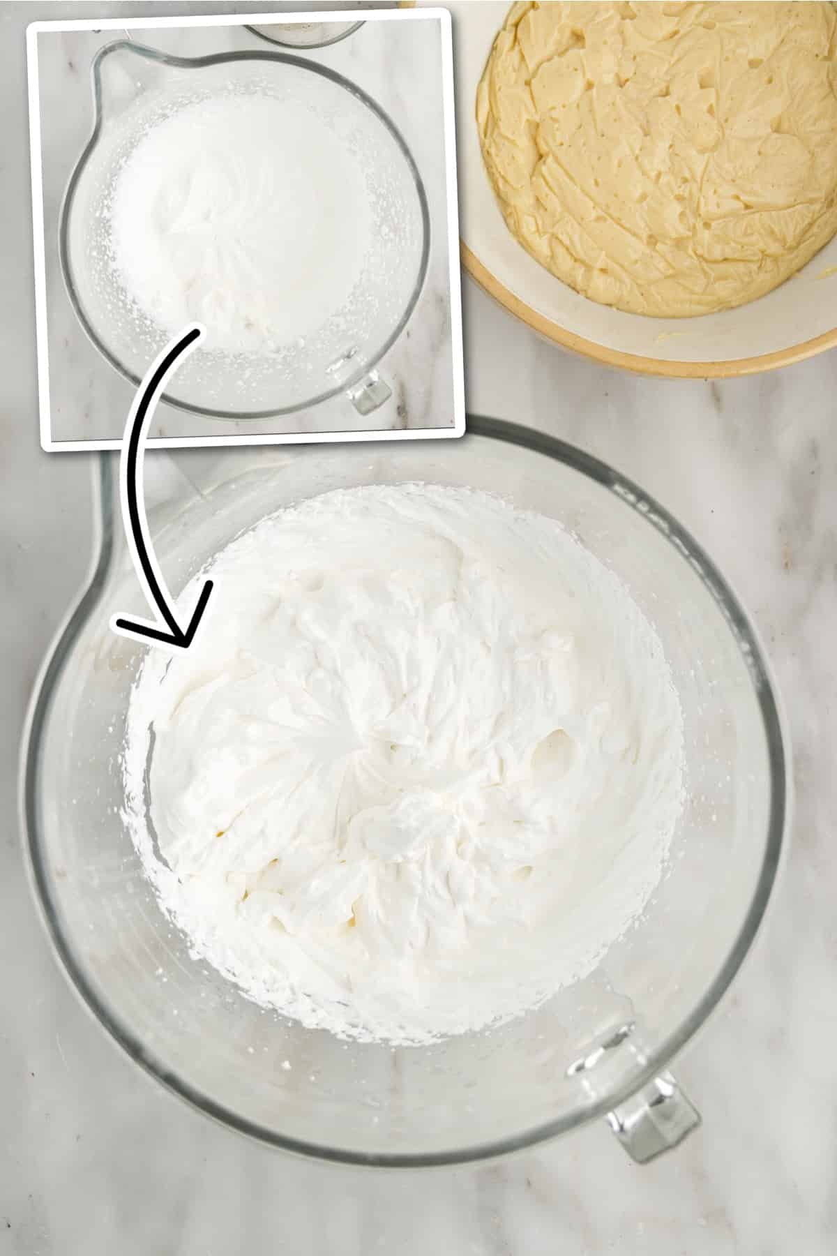 Bowl of whisked cream to be mixed with the chilled egg mixture to make the Mixed Berry Tart pastry cream.