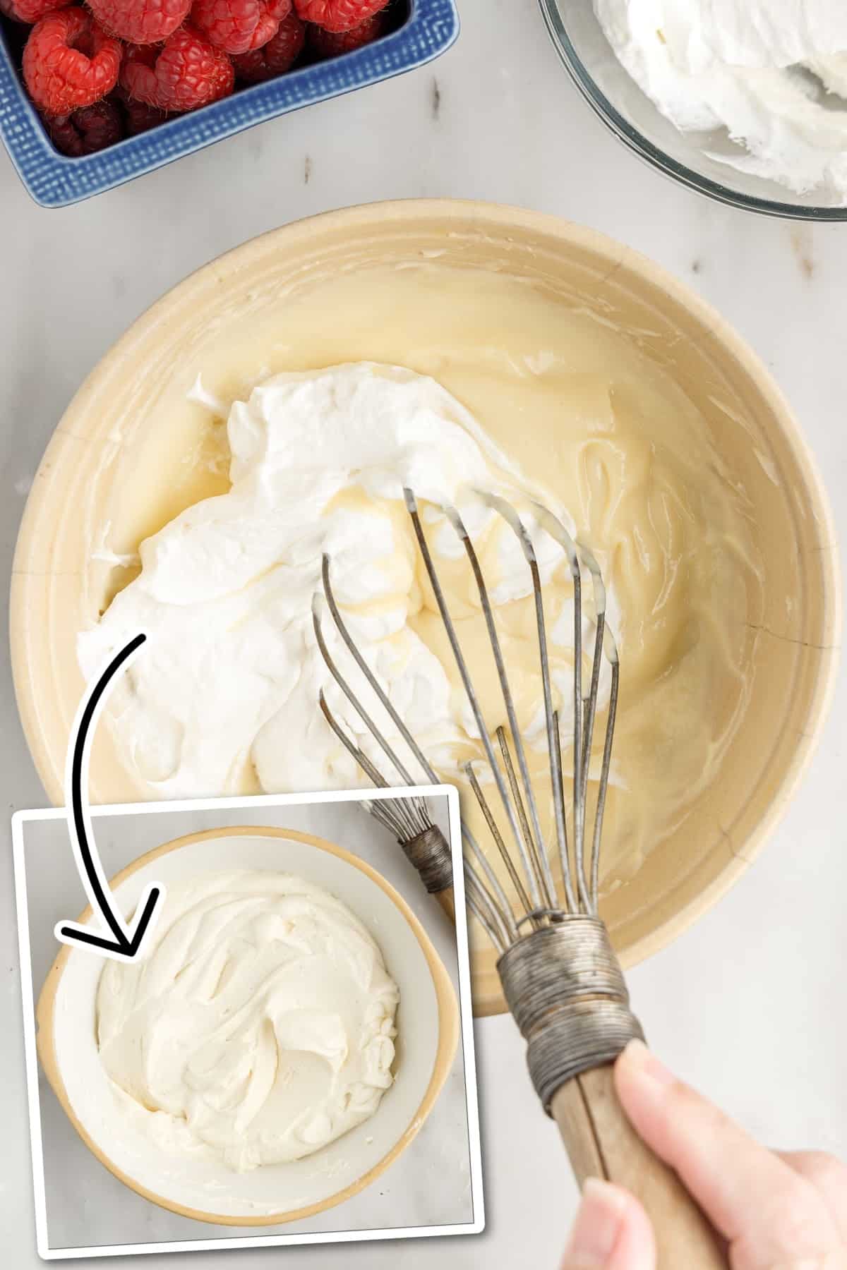 Whisking the whipped cream into the pastry cream and finished bowl of combined diplomat cream.