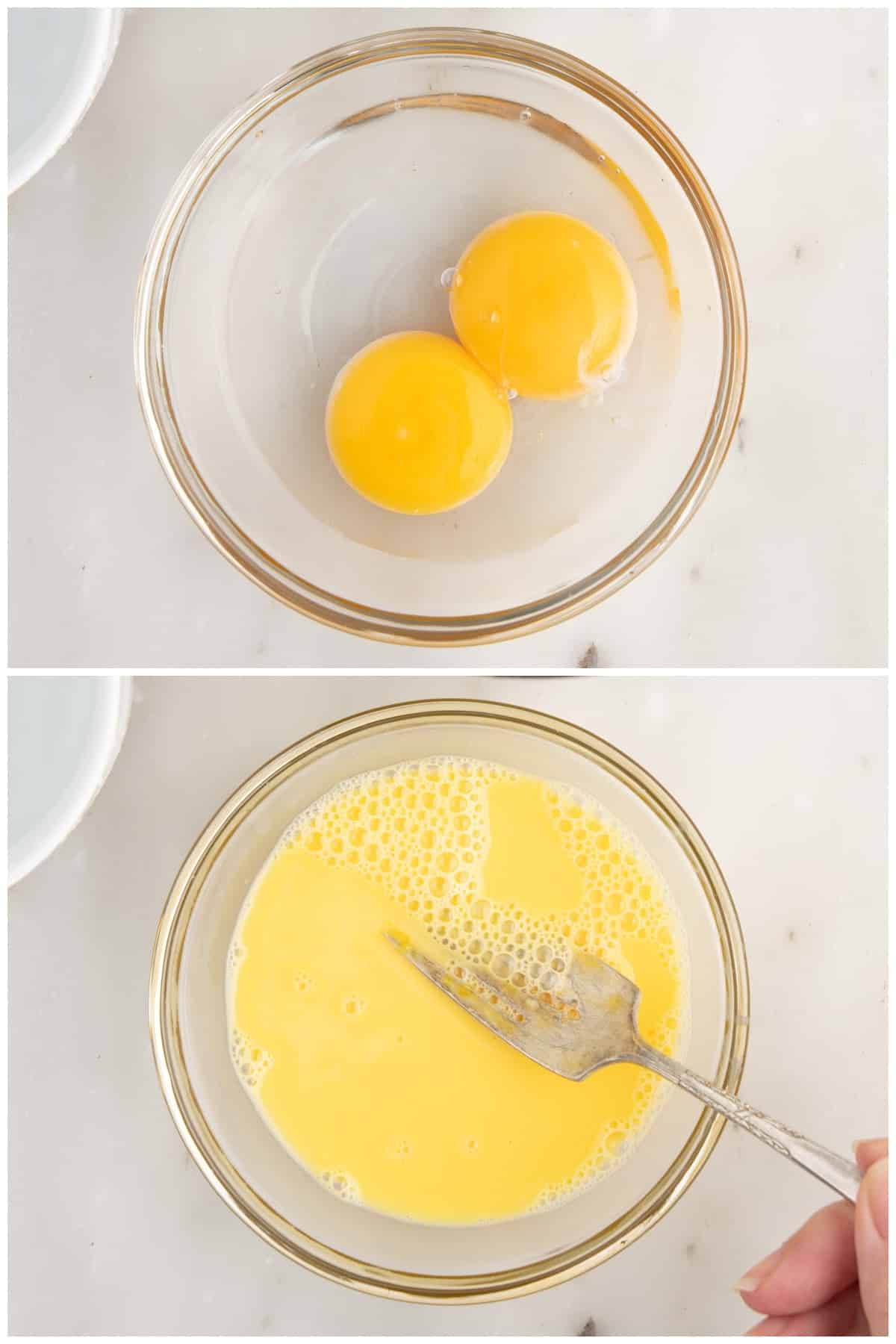 Bowl of lightly beaten egg yolks.