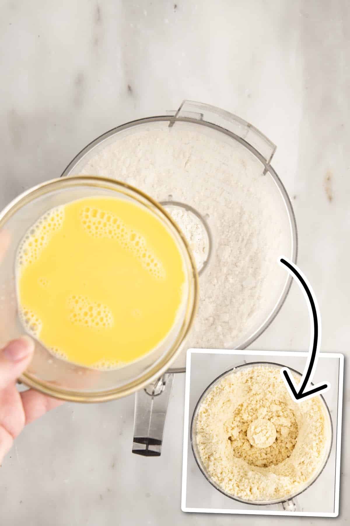 Beaten egg yolks slowly poured into the dough mixture.