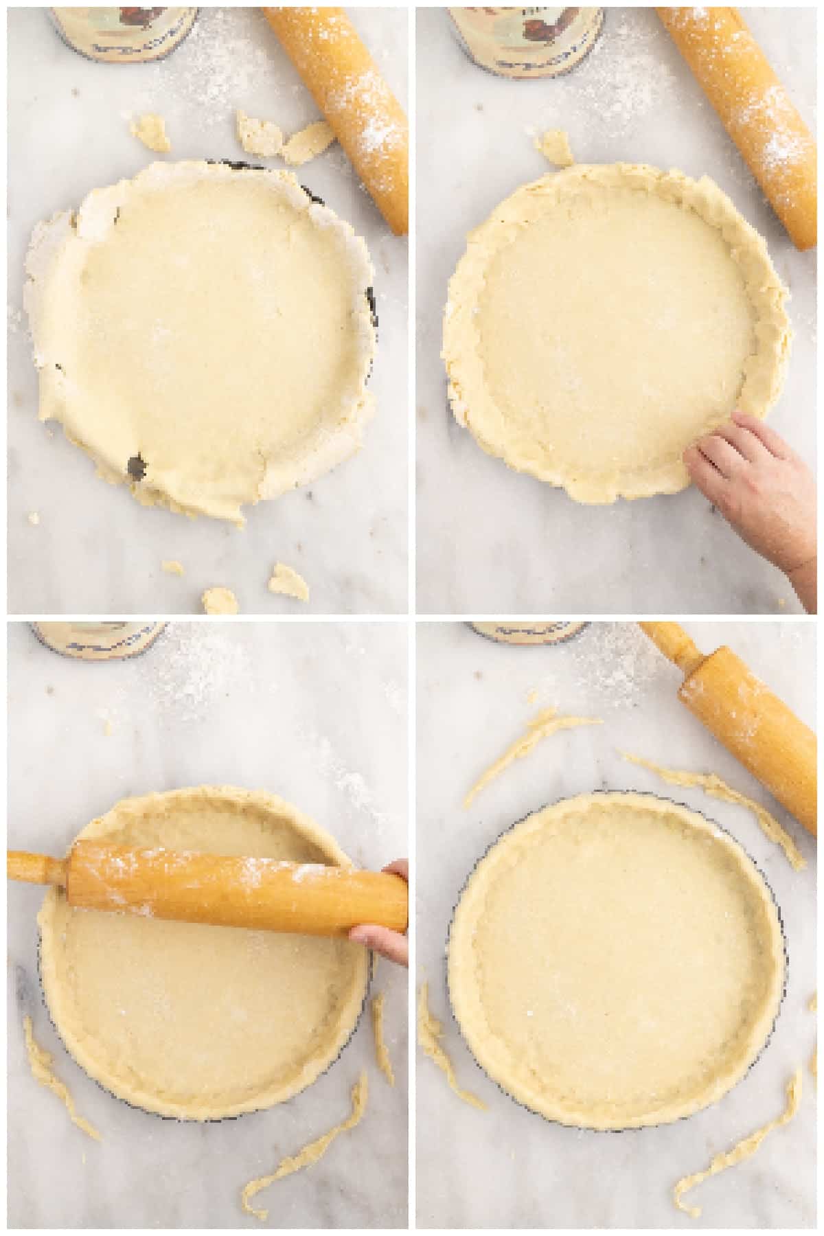 A collage of recipe process steps showing the pate sucree dough being pressed into the tart pan.