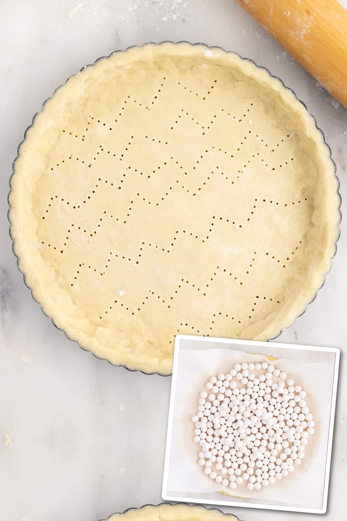 The assembled pastry shell in the tart pan with fork pricks. Another image showing parchment paper added over the crust with pie beads.