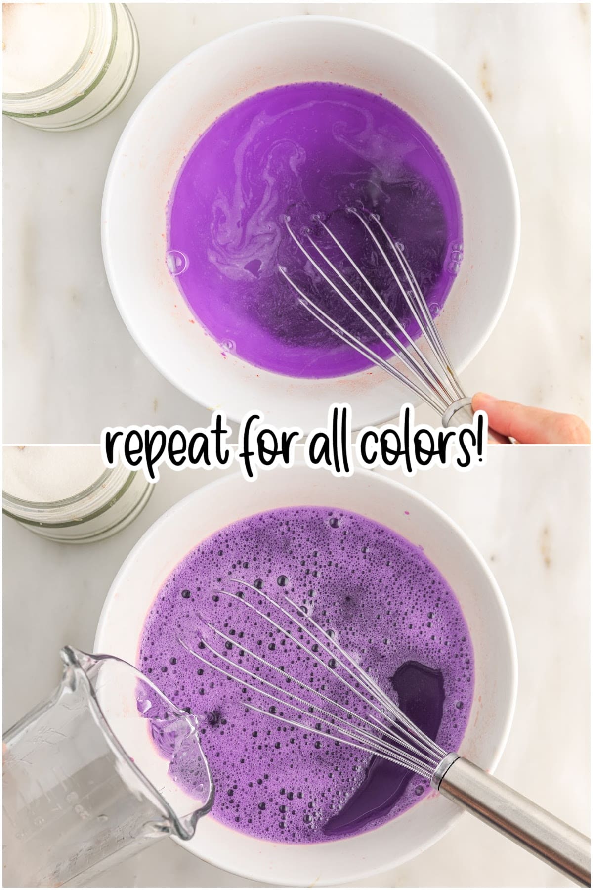 Purple Jello and boiling water combined in a mixing bowl with a whisk.