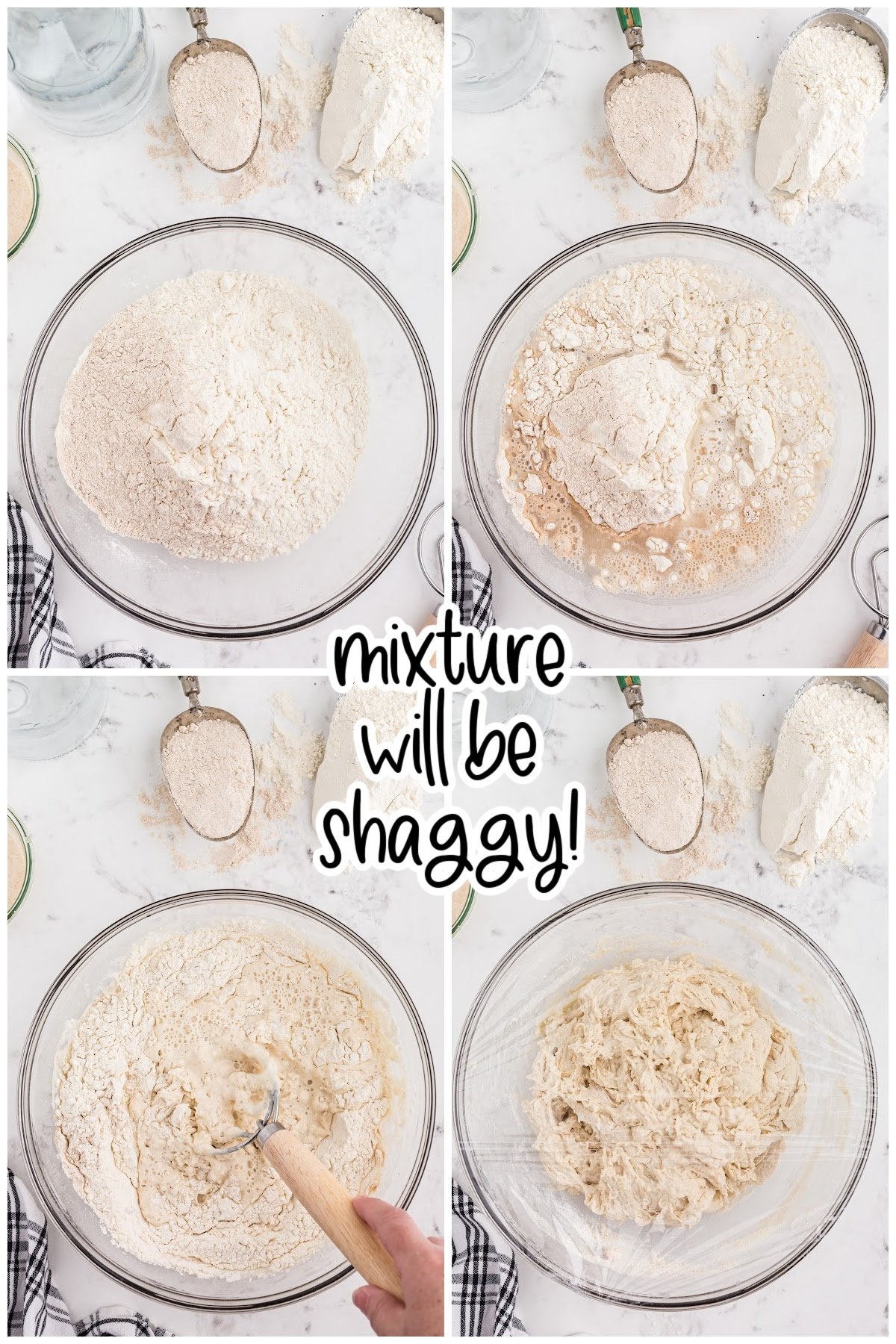 Four steps of mixing flour and water in glass bowl to make the basic sourdough bread recipe with text "mixture will be shaggy."