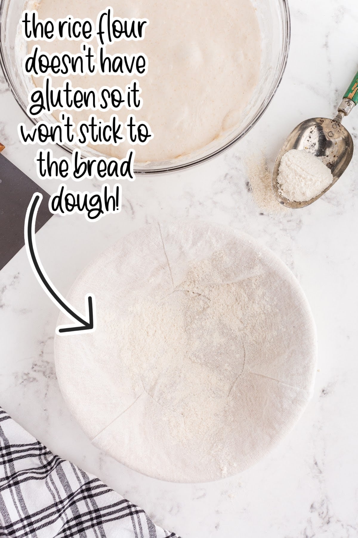 Lined banneton basket with rice flour sprinkled over it and bowl of sourdough dough nearby.
