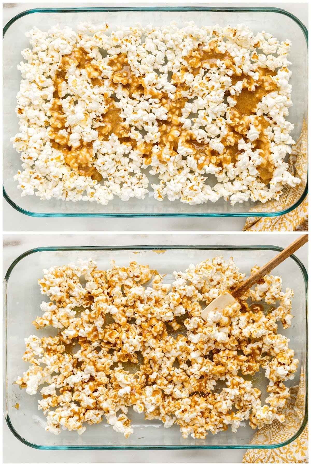 Caramel sauce drizzled over popcorn in casserole dish and stirred together with spatula.