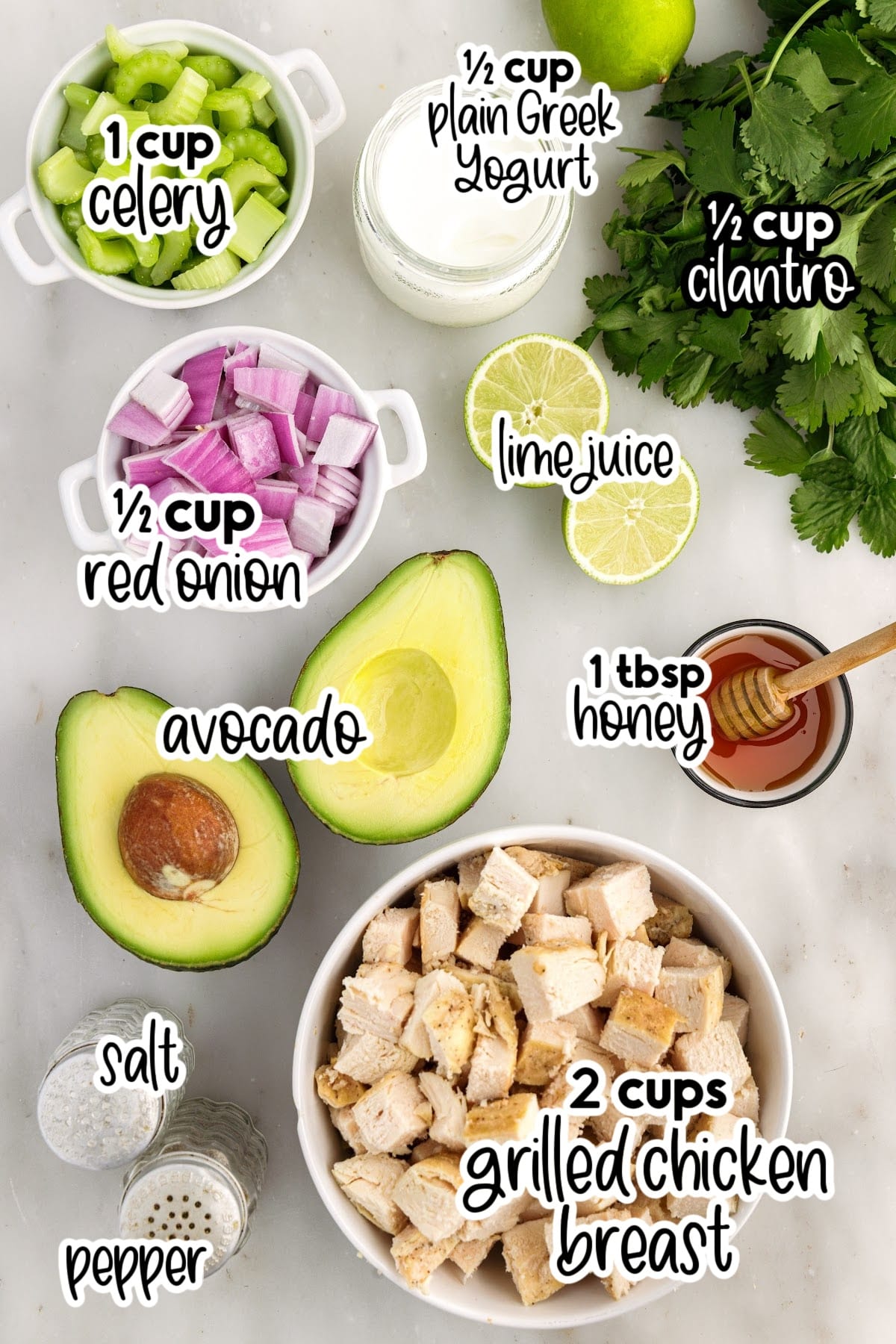 Ingredients to make chicken salad with Greek yogurt laid out on a marble countertop.
