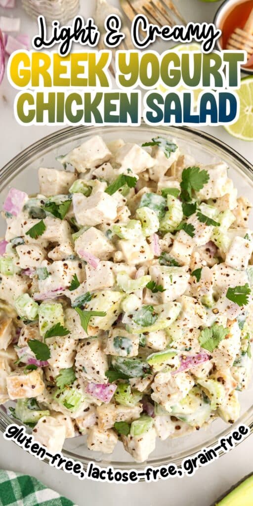 Chicken salad with Greek yogurt in a glass serving bowl.