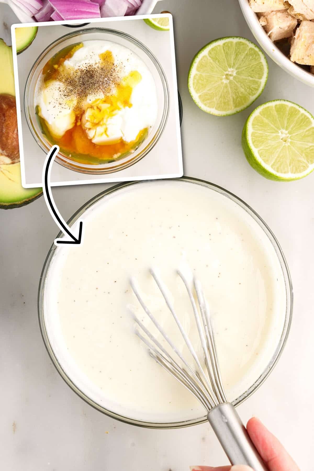 Glass mixing bowl with whisk and Greek yogurt. Another picture in the corner showing the honey, lime juice, and seasoning added.