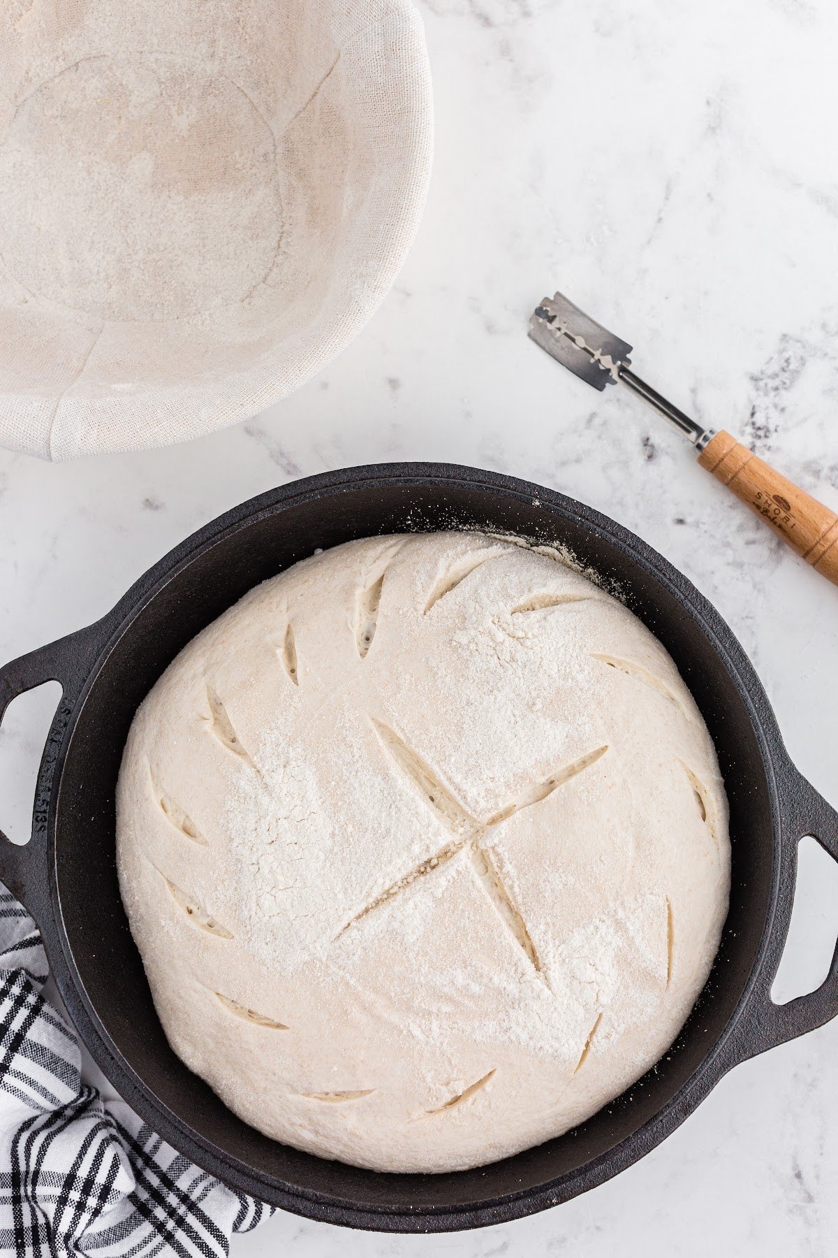 Oat sourdough in the preheated Dutch oven, scored with the lame.