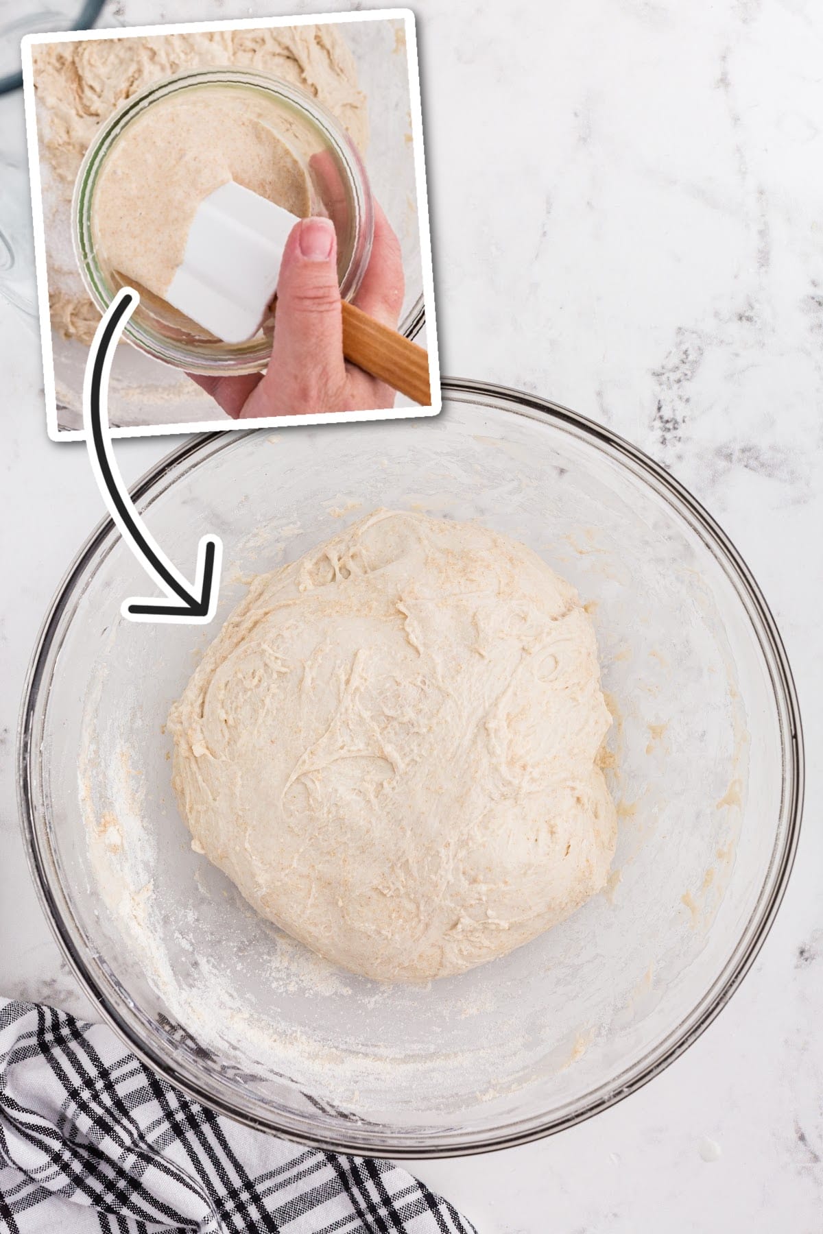Mixing bowl with risen flour/water mixture and starter and salt being added to the mixture.