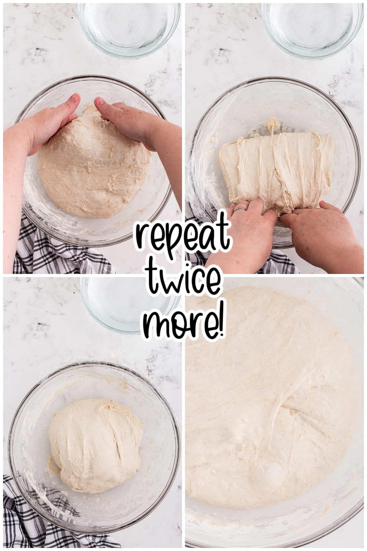 Steps showing how to strengthen the oat sourdough flour/water mixture by folding it by hand.