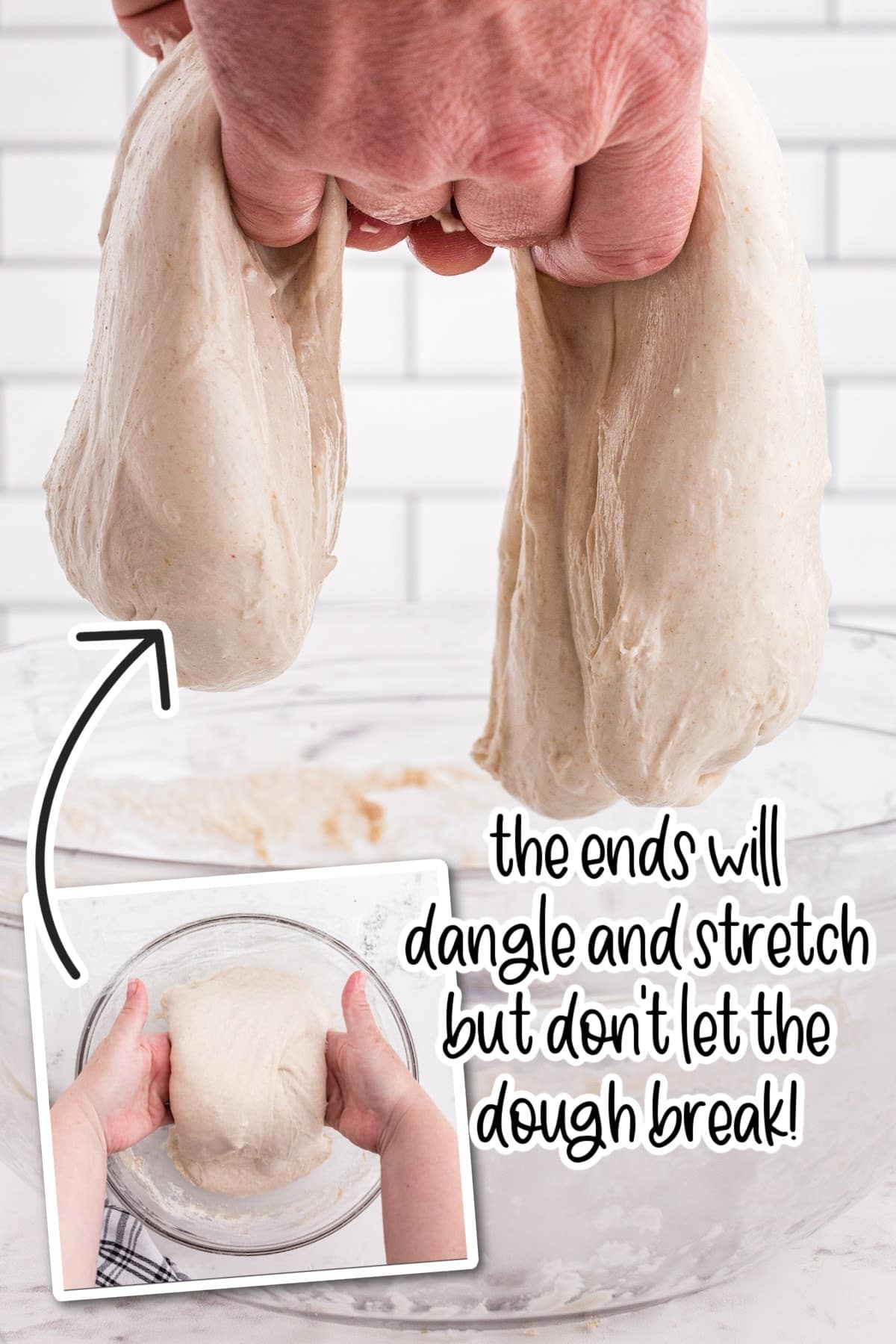 The final set of dough strengthening folds where the dough is dangling from the hands and stretching.