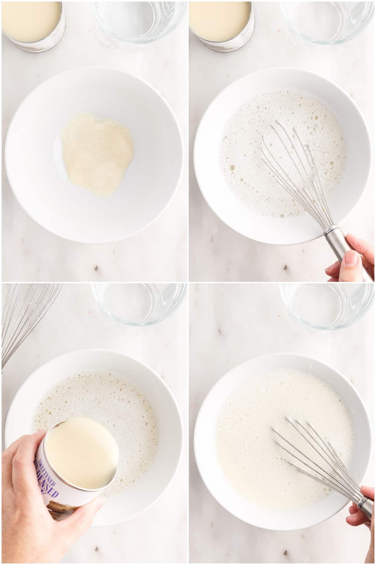 A collage of in-process recipe steps to make the creamy condensed milk jello layer for the rainbow layered jello cups.