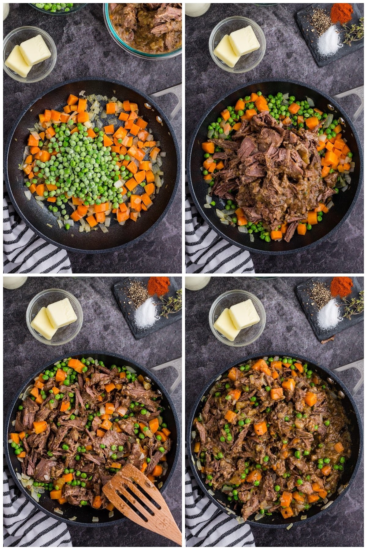 In-process images showing the mixing of the softened veggies with leftover pot roast in gravy in a large skillet as the filling for Shepherd's pie with leftover roast beef.