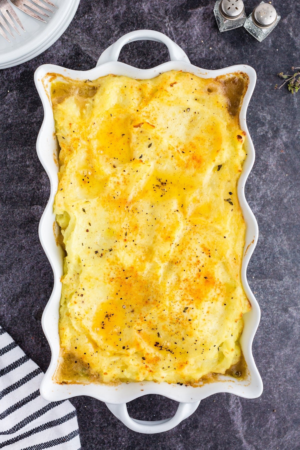 Baked shepherd's pie with leftover roast beef with a golden topping.