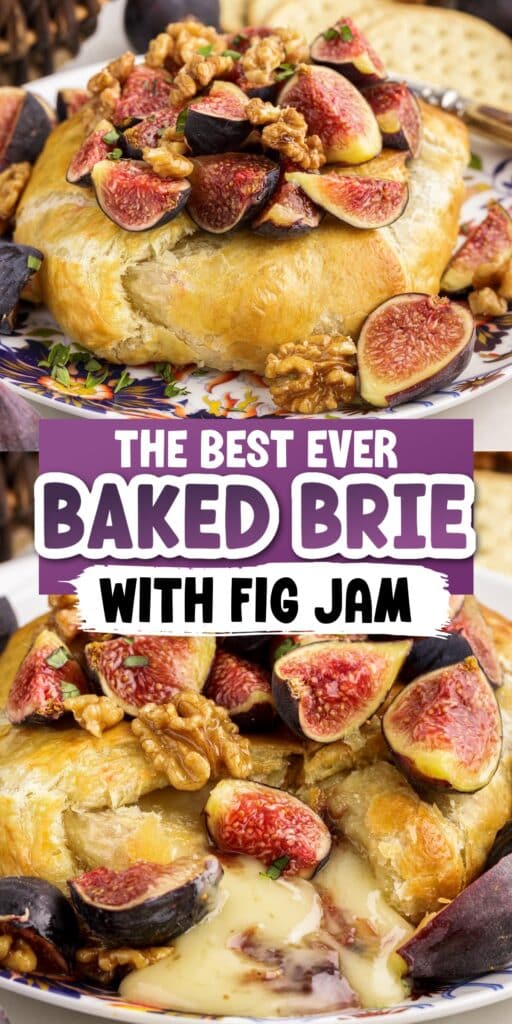Close up of baked brie with fig jam, topped with quartered figs, chopped candied walnuts, and fresh herbs. Crackers and other fresh ingredients scattered around in the background.