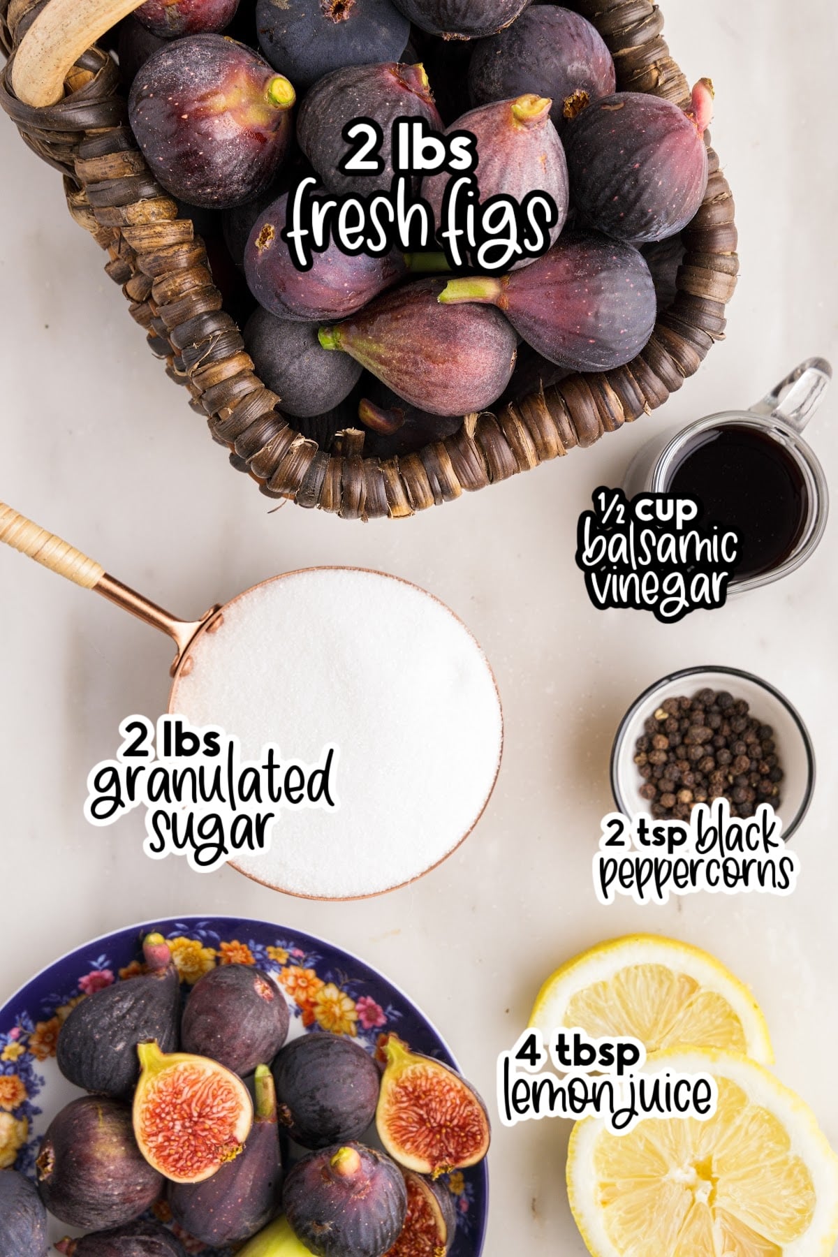 Ingredients to make balsamic fig jam, placed on a marble countertop.