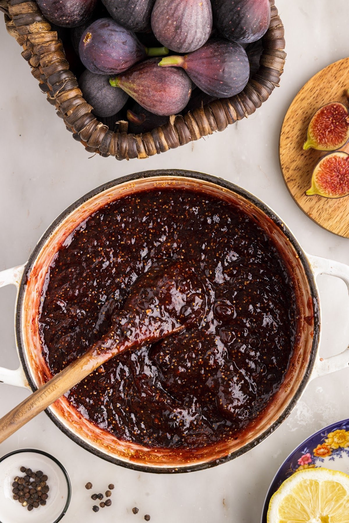 Cooked balsamic fig jam in a saucepan, ready to be ladled into prepared jars.